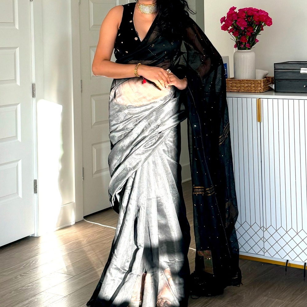 Brand new silk cotton sequin work black saree with attached blouse piece